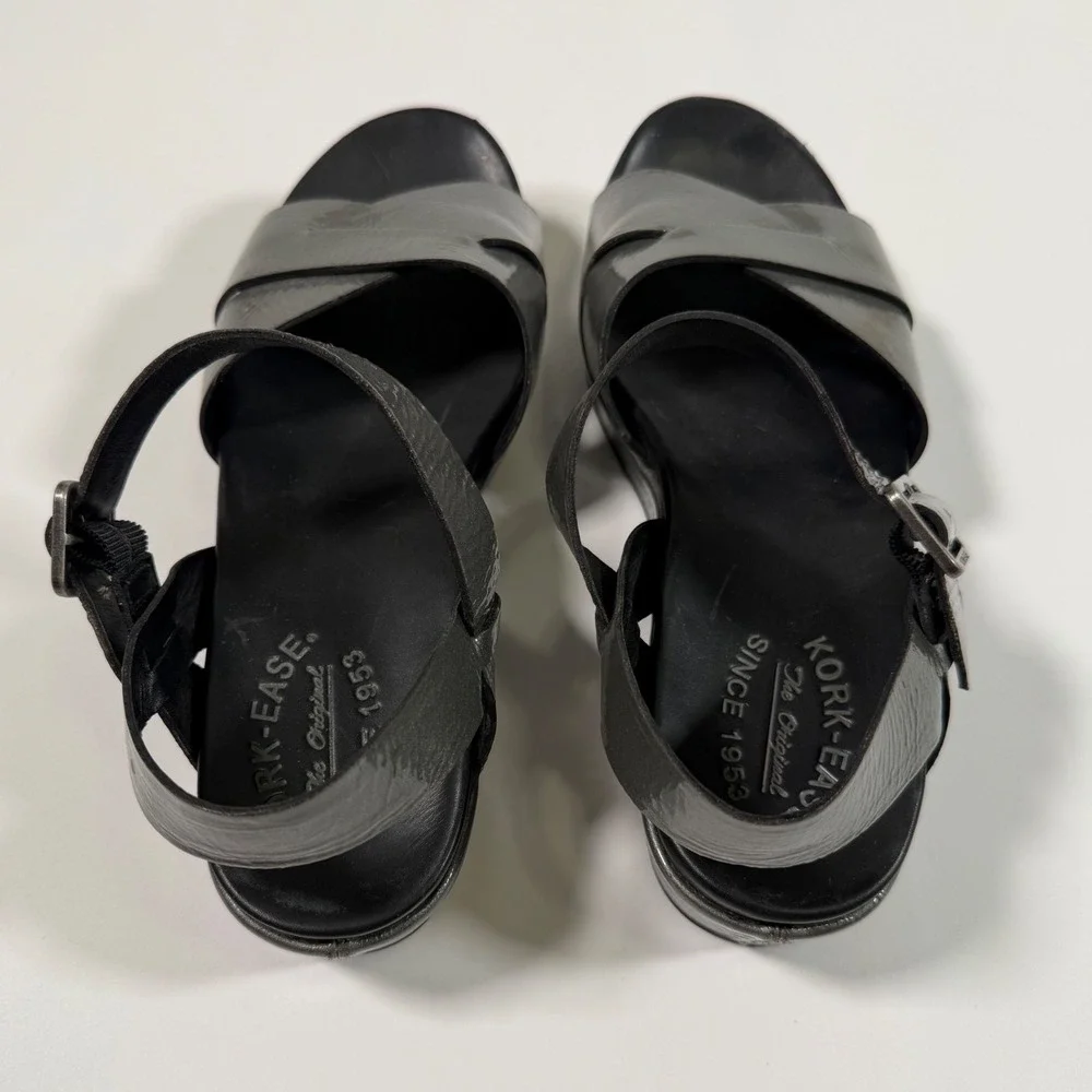 Kork-Ease Metallic Pewter Grey Platform Wedge Sandals Minimalist Womens Size 9